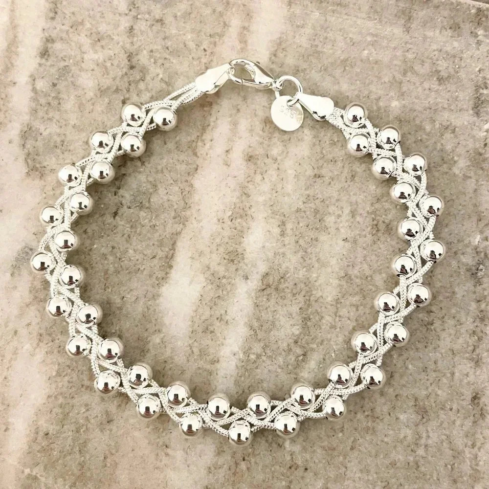 925 Sterling Silver Bead Bracelet 5 MM Ball Bracelet Large Thick Bracelet - Picture 3 of 4